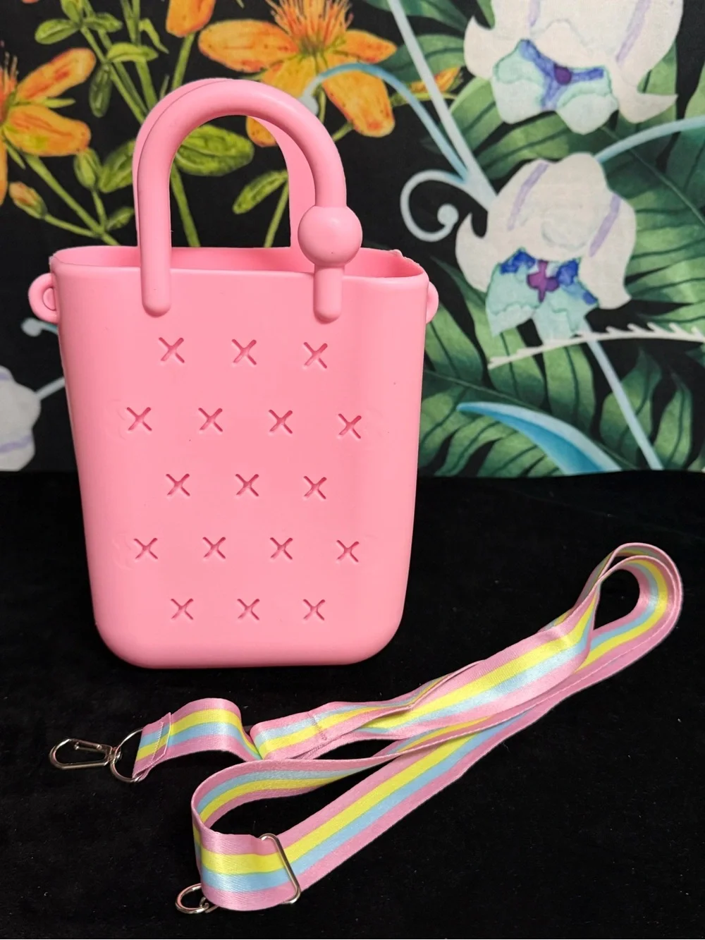 Pink Silicone Mini Tote Bag with Rainbow Strap